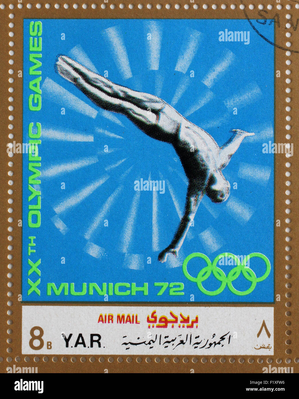 Timbres en République arabe du Yémen montre sauter dans l'eau, Jeux Olympiques de Munich, vers 1972 Banque D'Images Timbres en République arabe du Yémen montre sauter dans l'eau, Jeux Olympiques de Munich, vers 1972 Banque D'Images