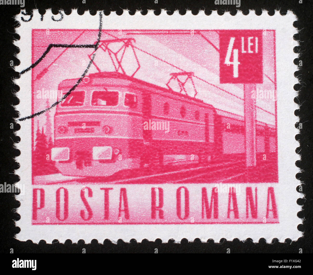Timbres en Roumanie montre train électrique, vers 1971 Banque D'Images