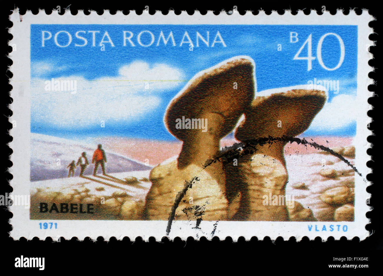 Timbres en Roumanie montre Babele (sculpture en pierre naturelle), vers 1971. Banque D'Images