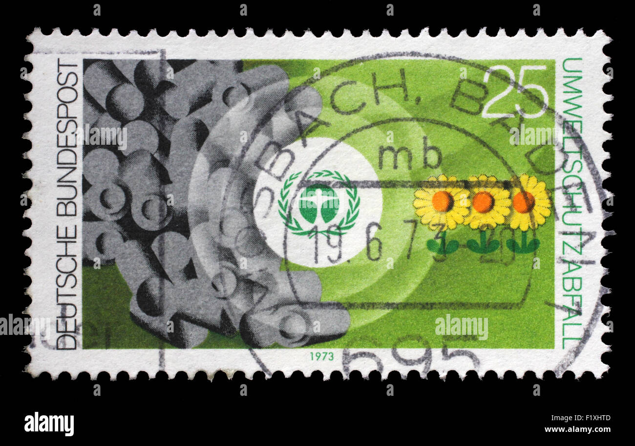 Timbres en l'Allemagne montre l'emblème de l'environnement et des déchets, de la nature et de protection de l'environnement, vers 1973 Banque D'Images