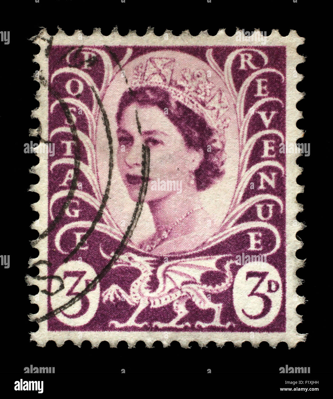 Timbre-poste utilisé gallois montrant Portrait de la reine Elizabeth 2nd, vers 1958 à 1969 Banque D'Images