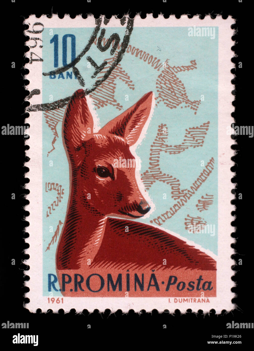 Timbres par la Roumanie, voir les chevreuils et à l'âge du bronze, vers 1961 Scène de chasse. Banque D'Images
