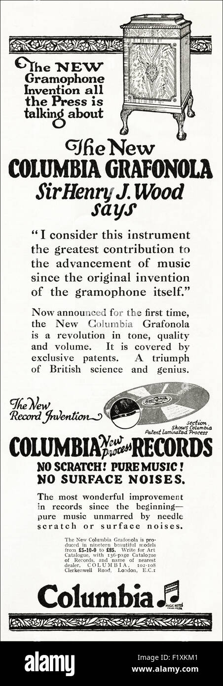 1920s'annonce. Annonce en date du 1923 advertising aucune égratignure records par Columbia Records Banque D'Images