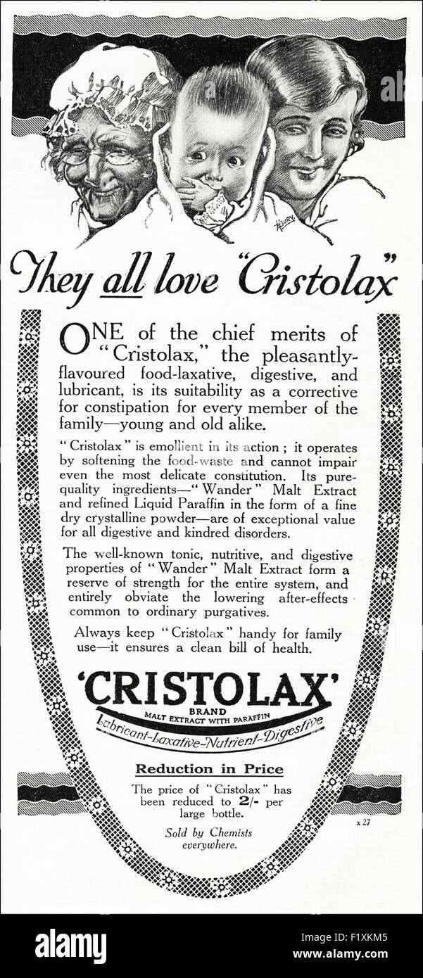 1920s'annonce. Annonce en date du 1923 Cristolax avec publicité des aliments de santé de l'extrait de malt et la paraffine. Banque D'Images