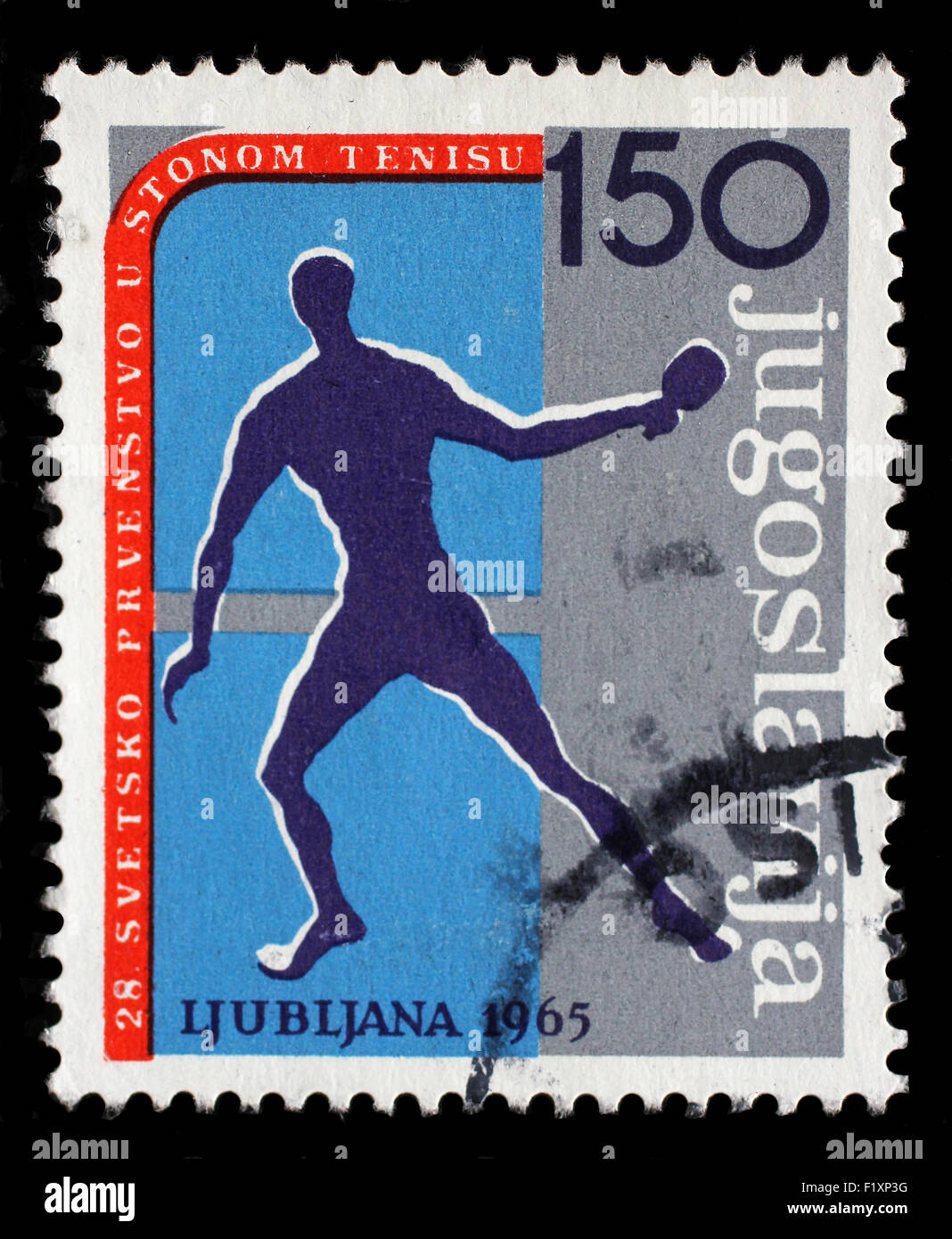 Timbres en Yougoslavie montre 28e Championnat du Monde de Tennis de Table à Ljubljana, vers 1965. Banque D'Images