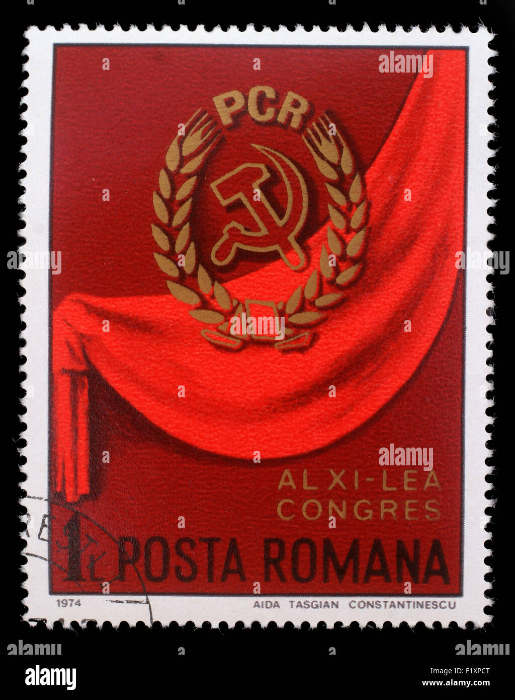 Timbres en Roumanie montre 11ème congrès du Parti communiste roumain, vers 1974. Banque D'Images