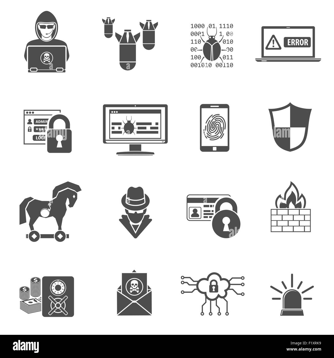 Internet Security Icon Set pour Flyer, Affiche, site Web comme Hacker, Virus, spam et pare-feu. Banque D'Images