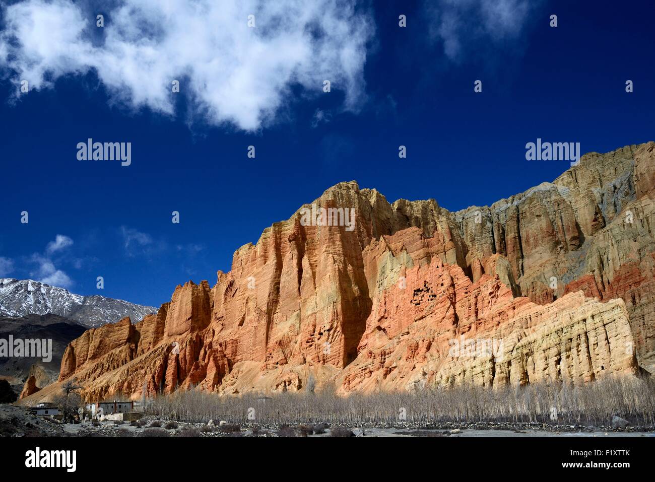 Le Népal, Gandaki zone, Upper Mustang (près de la frontière avec le Tibet), village de Dhakmar et Falaise rouge avec des grottes Banque D'Images