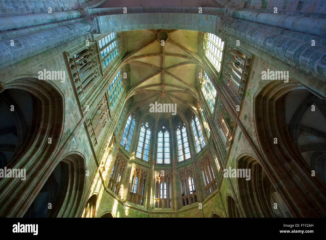 France, Manche, baie du Mont Saint Michel, classé au Patrimoine Mondial de l'UNESCO, le Mont Saint Michel,détail de l'architecture de l'église abbatiale Banque D'Images