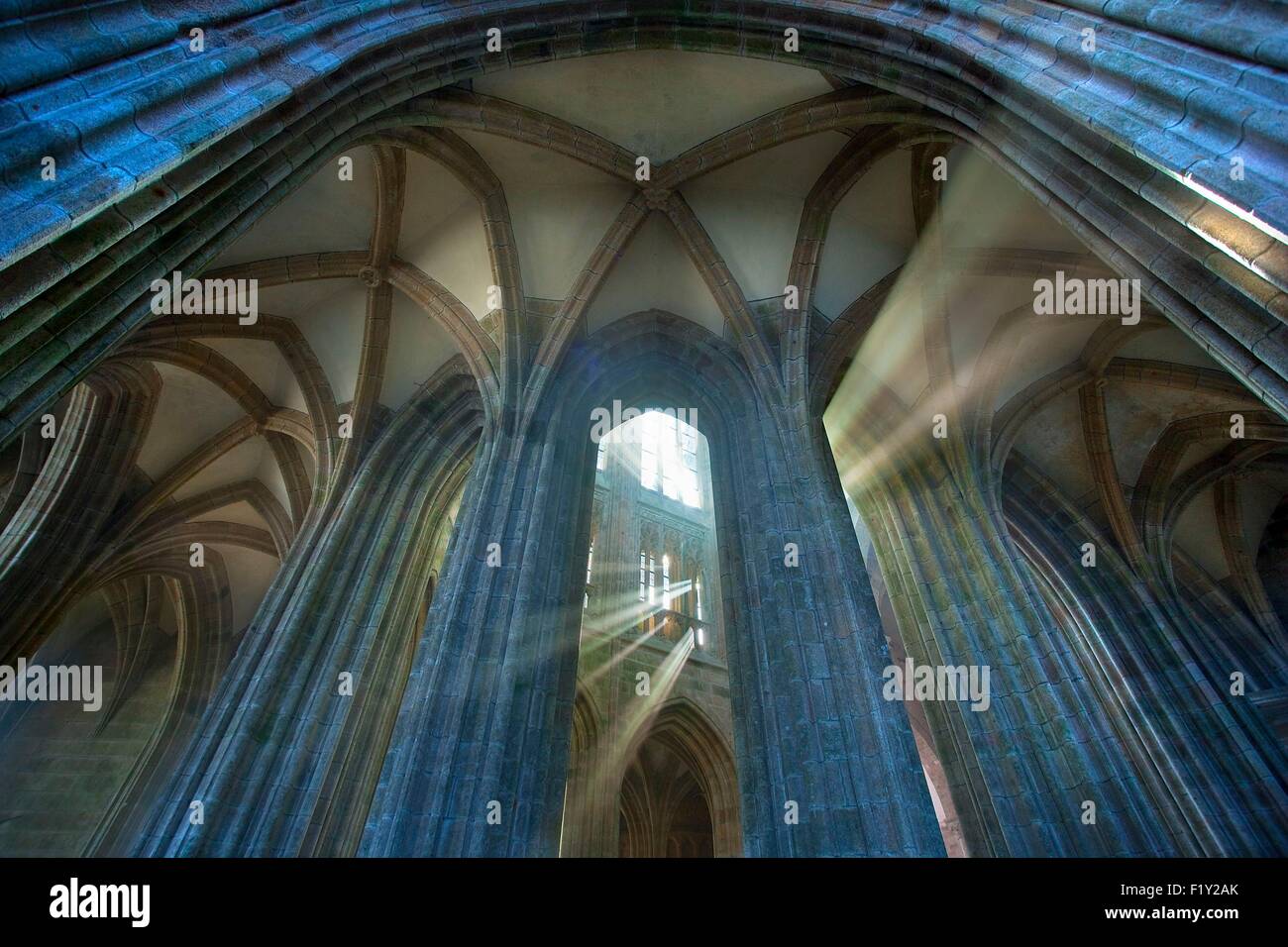 France, Manche, baie du Mont Saint Michel, classé au Patrimoine Mondial de l'UNESCO, le Mont Saint Michel,détail de l'architecture de l'église abbatiale Banque D'Images