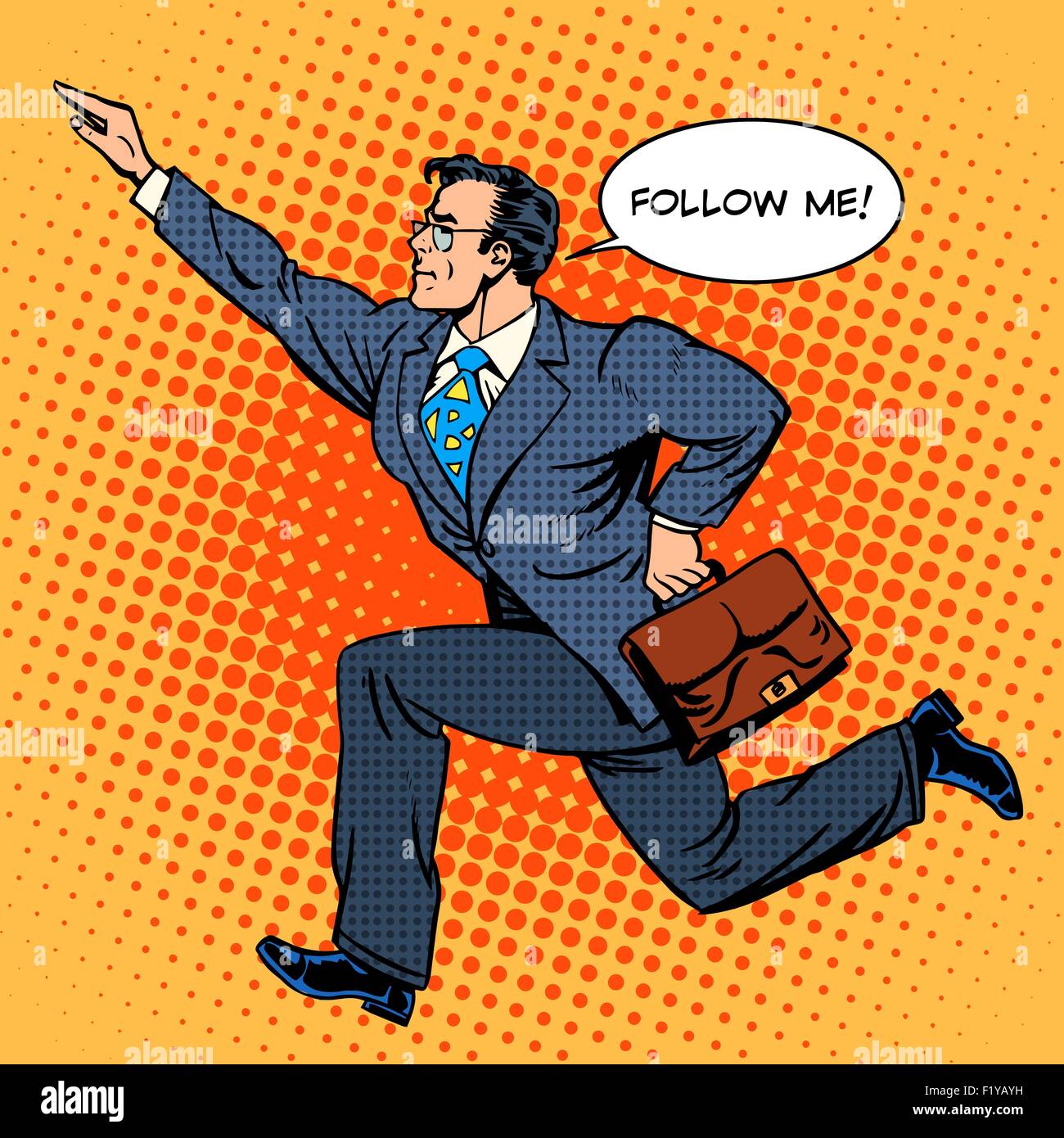 Super Hero businessman court en avant de crier suivez-moi Illustration de Vecteur