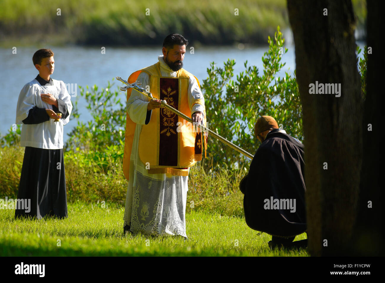 St Augustine, en Floride, aux Etats-Unis. Sep 8, 2015. Reconstitution de Pedro Menéndez's landing à Nombre de Dios la Mission dans le cadre de St Augustine, Floride la 450e anniversaire comme la plus ancienne colonie européenne en permanence aux États-Unis le 8 septembre 2015 à St Augustine, Floride.Zuma/Scott A. Miller Crédit : Scott A. Miller/ZUMA/Alamy Fil Live News Banque D'Images