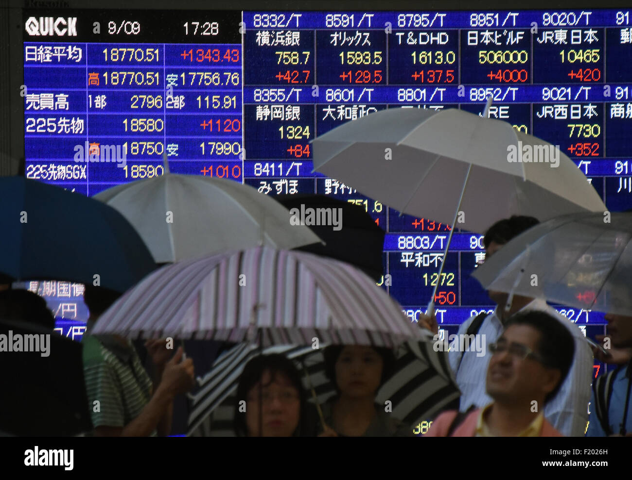 Tokyo, Japon. 9 Septembre, 2015. Les stocks japonais affiche son plus gros gain en une seule journée près de sept ans à la Bourse de Tokyo Marché le mercredi, 9 septembre 2015, après que le Premier ministre Shinzo Abe a fait une déclaration indiquant qu'il s'efforcerait de taux d'imposition des sociétés et semblait optimiste quant à l'atteinte d'un accord de libre-échange trans-Pacifique. La question de 225 Nikkei Stock Average sauté 1 343, 43 points à 18, 770,51, son plus gros gain depuis octobre 2008. Credit : Natsuki Sakai/AFLO/Alamy Live News Banque D'Images