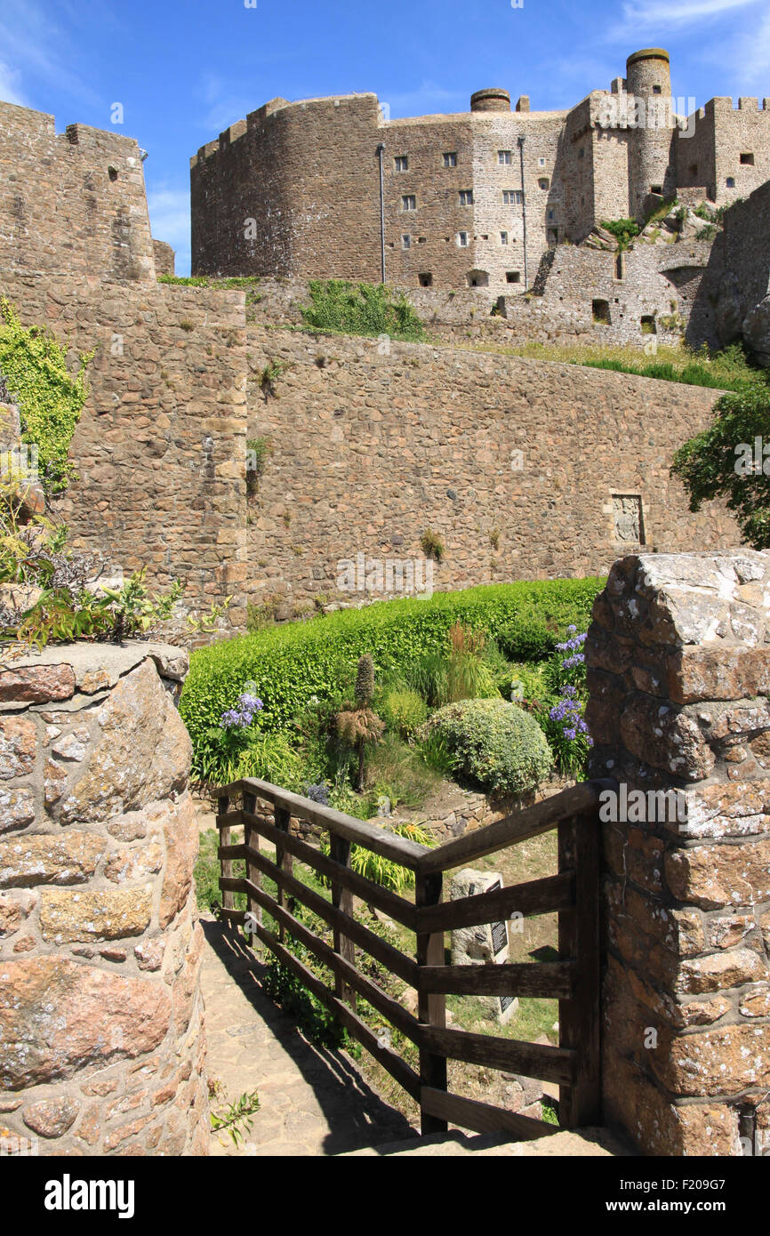 Les principaux garder au Mont Orguiel, Château de Gorey, Jersey, vu de la défense sur le dessus de la porte intérieure. Banque D'Images