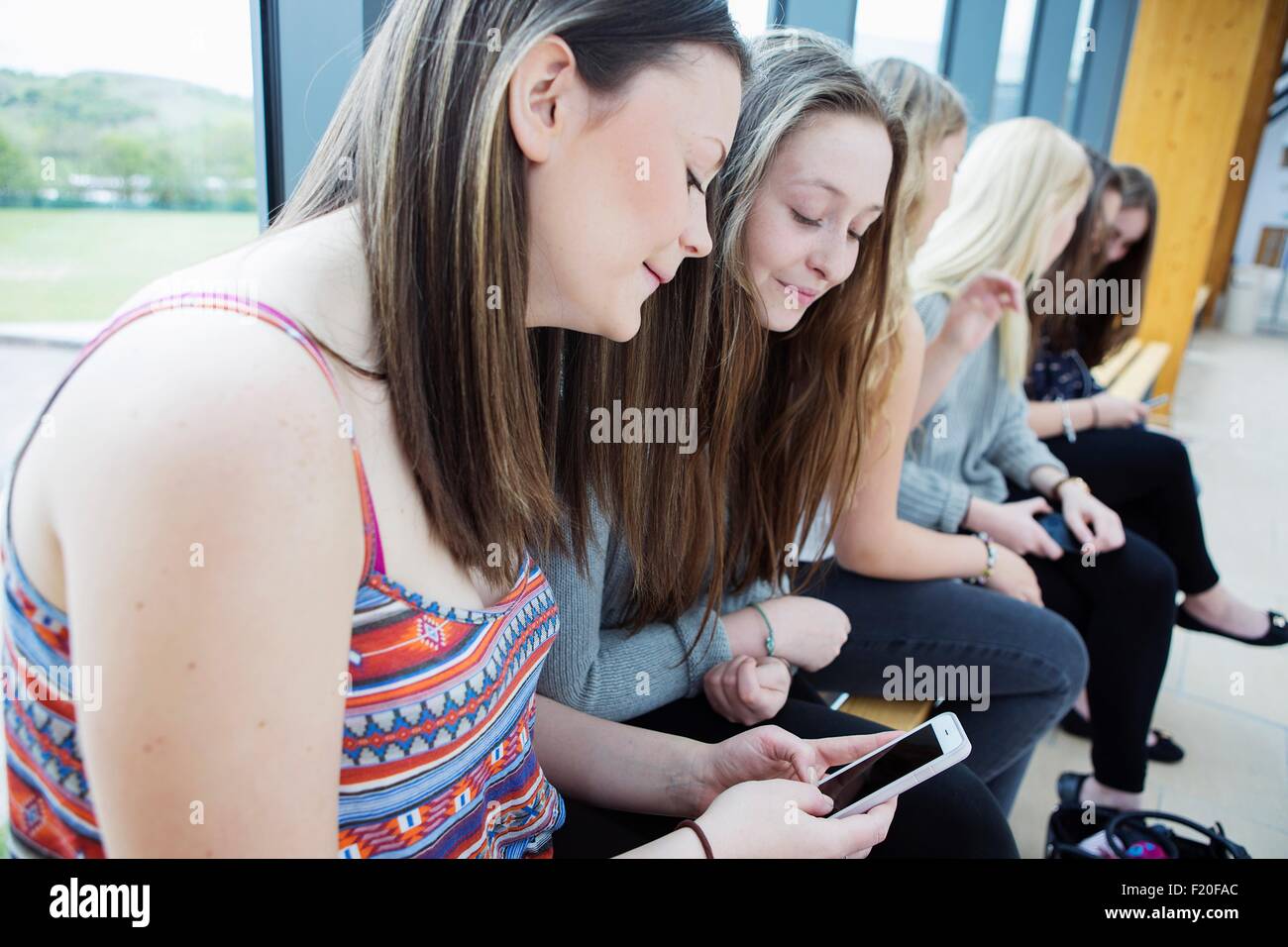 Les jeunes filles à l'aide du smartphone sur le banc Banque D'Images