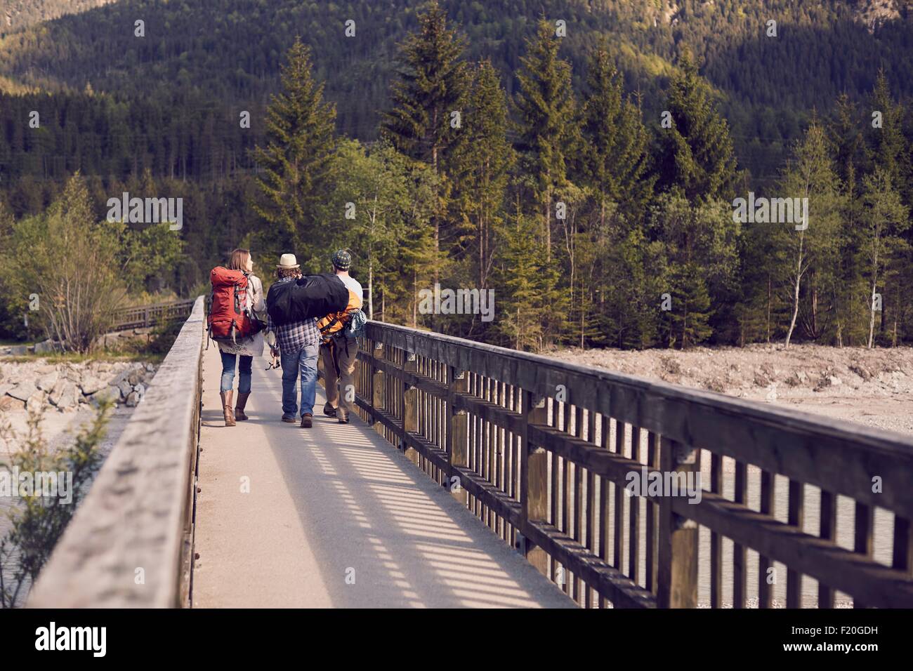 Vue arrière de trois personnes à pied à la montagne portant des sacs à dos Banque D'Images