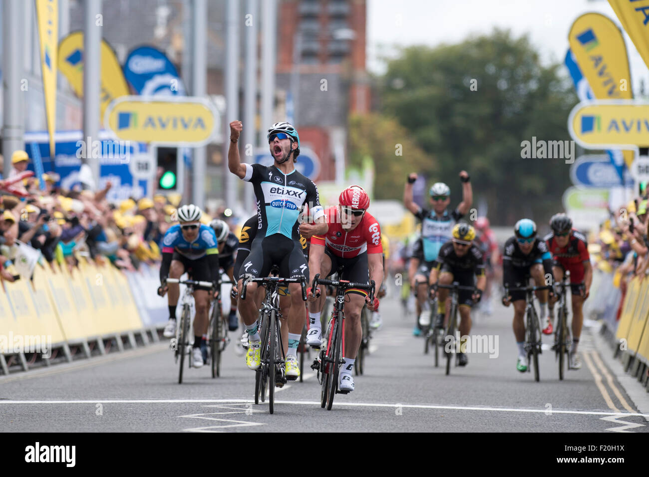 Londres, Royaume-Uni. 09Th Nov, 2015. Fernando Gaviria (Etixx-Quickstep) remporte l'étape quatre de l'Aviva Tour of Britain entre Édimbourg et Blyth, Royaume-Uni le 9 septembre 2015. La course, qui couvre les étapes 7, a débuté le 6 septembre à Beaumaris, Anglesey, et se termine le 13 août à Londres, Royaume-Uni. Crédit : Andrew Peat/Alamy Live News Banque D'Images