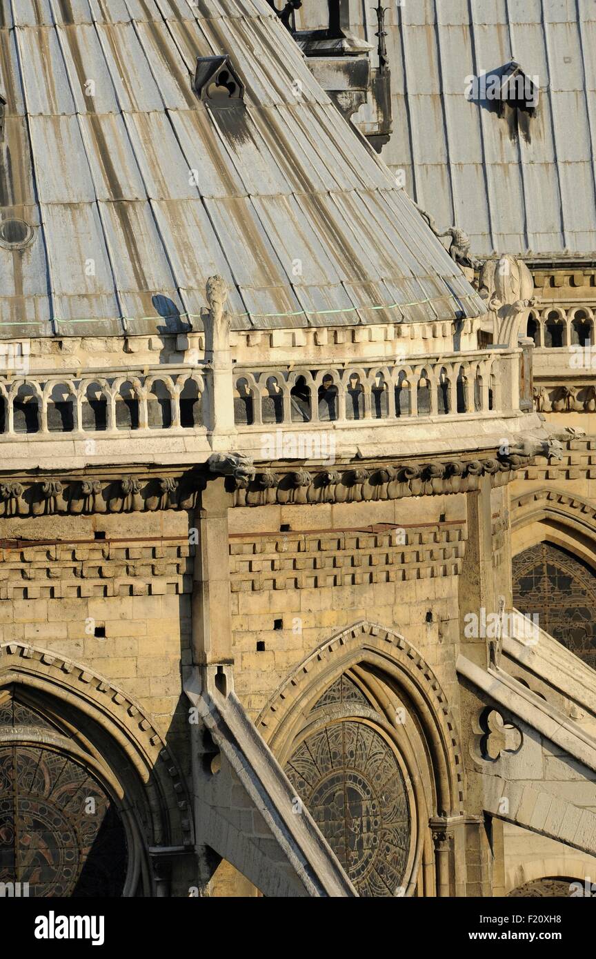 France, Paris, Notre Dame de Paris depuis le chevet du Square Jean XXIII, le sanctuaire est constitué d'un demi-cercle situé dans la partie la plus orientale de la cathédrale, de la zone inscrite au Patrimoine Mondial de l'UNESCO (vue aérienne) Banque D'Images