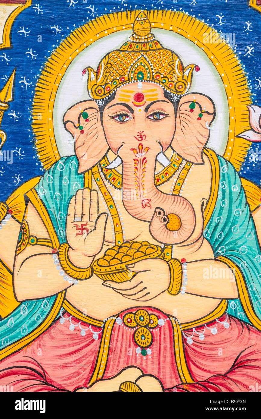 L'Inde, Rajasthan, Udaipur, peintures murales, l'éléphant-dieu Ganesha Banque D'Images