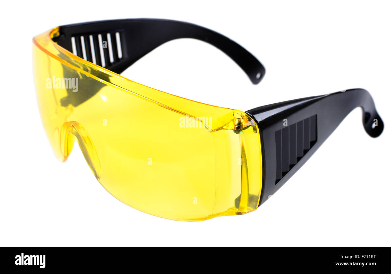 Lunettes de protection jaune photo sur fond blanc isolé, Close up full face Banque D'Images