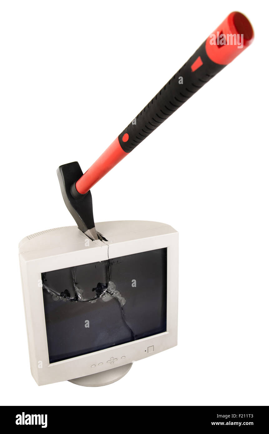 Crash blanc moniteur avec ax, rouge sur fond blanc, isolé Banque D'Images