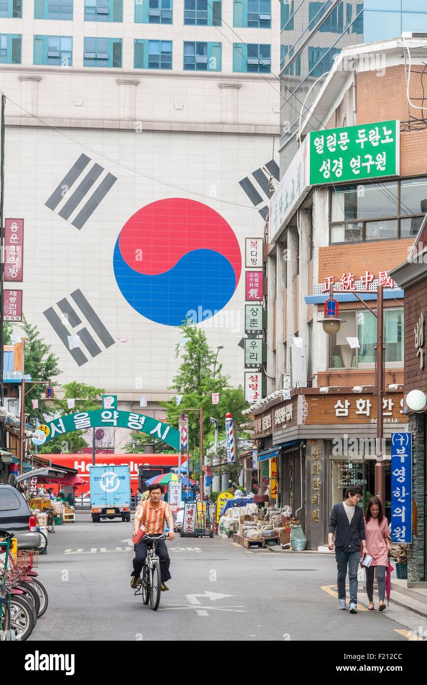 La Corée du Sud, Séoul, Dongdaemun-gu, district de marché Gyeongdong est l'un des plus grands marchés pour les plantes médicinales dans le pays avec essentiellement le drapeau du pays Banque D'Images