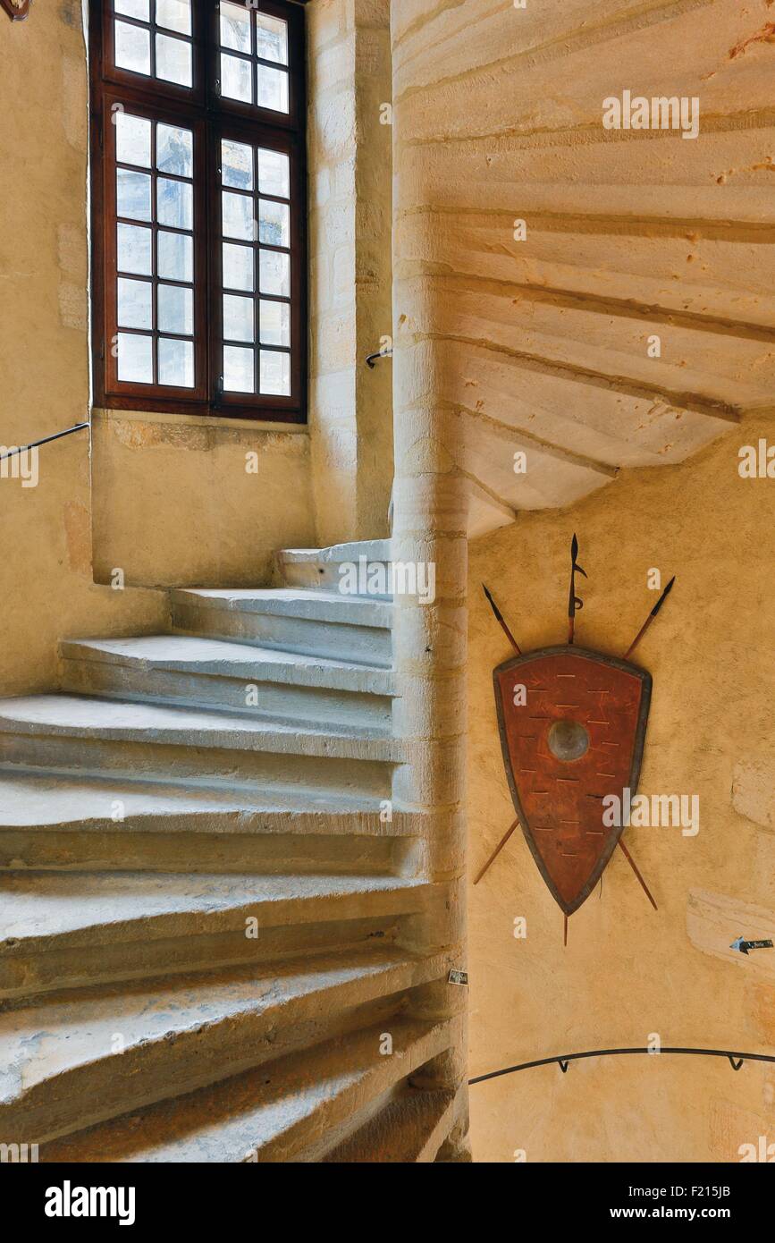 France, Dordogne, vallée de la dordogne, Périgord Noir, Sarlat la Caneda, Hôtel Gisson, vue d'architecture d'un escalier de pierre d'escargots Banque D'Images