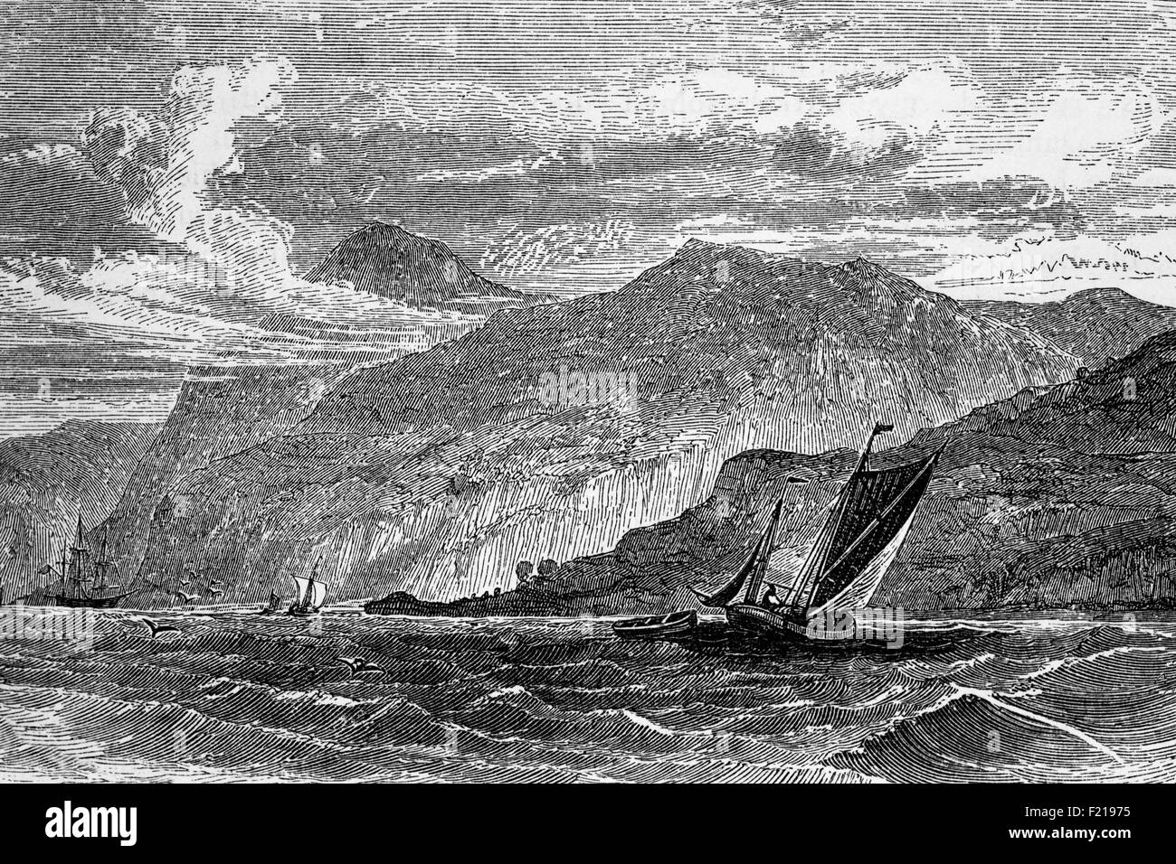 Vue du XIXe siècle sur les voiliers au large de la côte près de Troon, à environ 13 kilomètres au nord d'Ayr, dans le sud de l'Ayrshire, situé sur la côte ouest de l'Écosse. C'était le domicile de la compagnie de construction navale Ailsa fondée en 1885 qui a aménagé le navire d'exploration polaire 'cotia' pour l'expédition nationale écossaise en Antarctique de 1902-04. Le 'cotia' partit de Troon pour l'Atlantique Sud le 2 novembre 1902. Banque D'Images