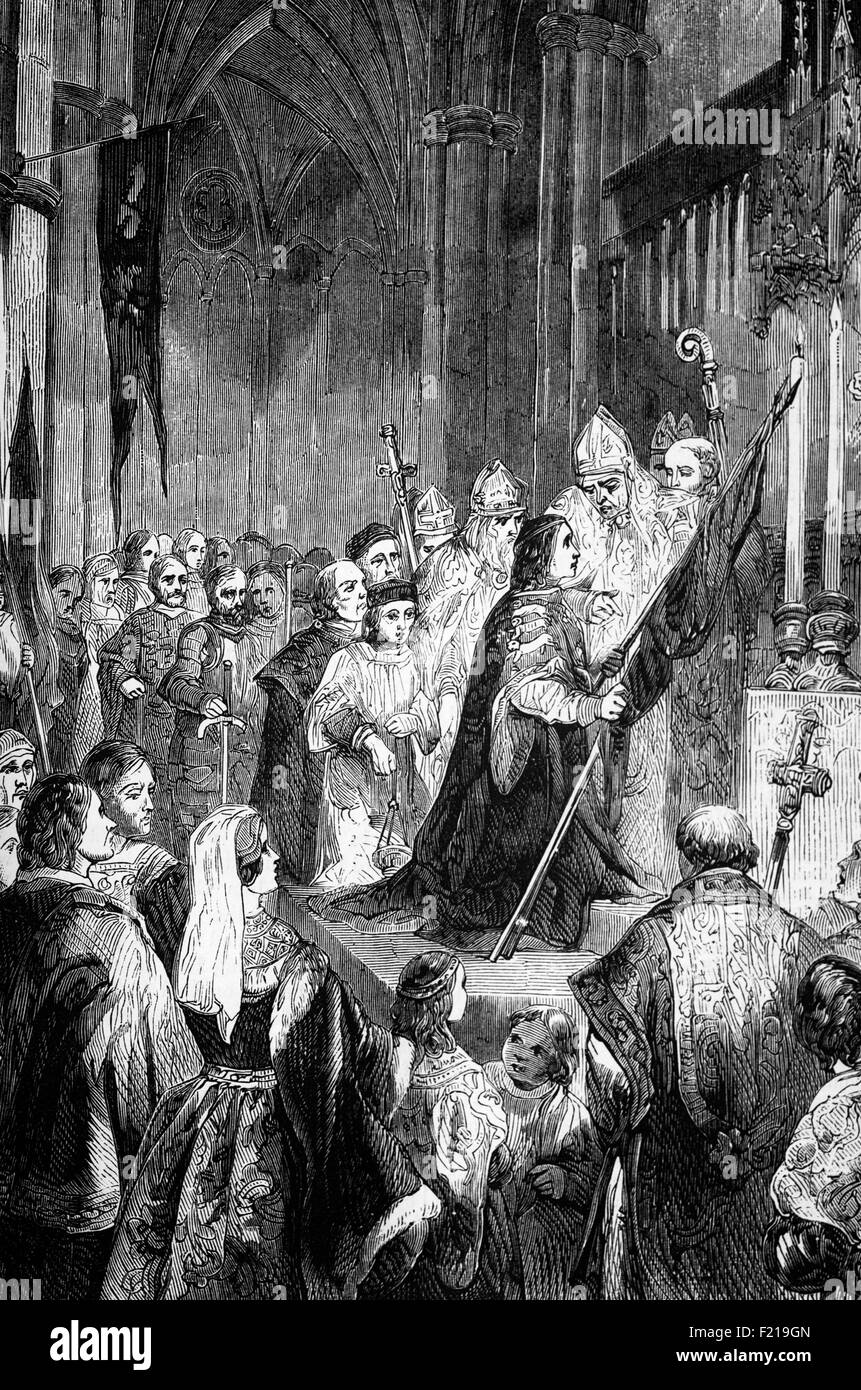 Le Standard (drapeau) pris à Bosworth Field, posé sur l'alter de la cathédrale St Pauls, 1485. La bataille de Bosworth Field était l'avant-dernière bataille des guerres des Roses, la guerre civile entre la Maison de Lancaster et la Maison de York qui a eu lieu en Angleterre dans la seconde moitié du XVe siècle.1485 Banque D'Images