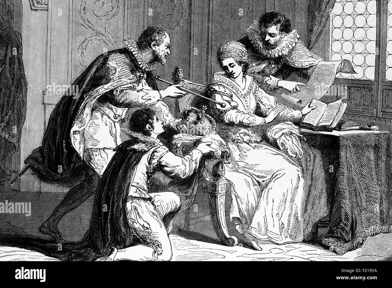 Lady Jane Gray (1536-1554), une noble anglaise, a régné sur la mort d'Edward VI du 10 juillet au 19 juillet 1553. Jane, souvent appelée reine de neuf jours, a été emprisonnée dans la Tour le 19 juillet 1553, avec son mari, le duc de Northumberland qui a été exécuté le 22 août 1553. En septembre, le Parlement a déclaré Mary comme successeur légitime et a dénoncé et révoqué la proclamation de Jane. Elle a été exécutée le 12 février 1554. Banque D'Images