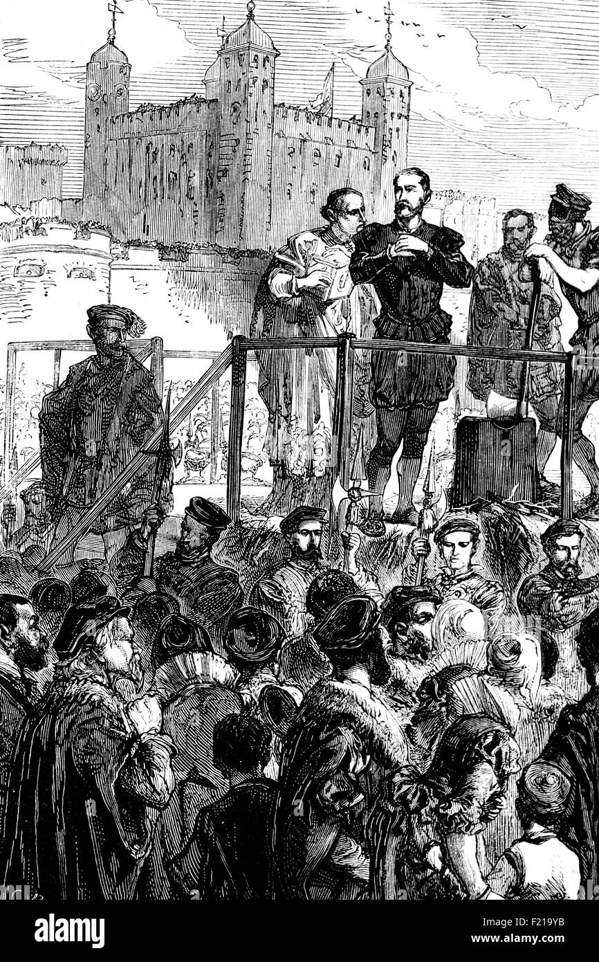 L'exécution du John Dudley, 1er duc de Northumberland le 22 août 1553 à Tower Hill, Londres. Il était un général anglais, un amiral et un homme politique, qui a dirigé le gouvernement du jeune roi Edward VI de 1550 à 1553, et a tenté sans succès d'installer Lady Jane Gray sur le trône anglais après la mort du roi. Banque D'Images