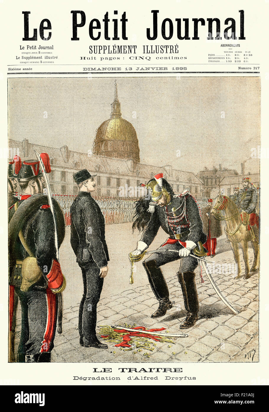 Vintage illustration montrant la dégradation d'Alfred Dreyfus, Paris, France. Alfred Dreyfus était un officier de l'artillerie française Banque D'Images