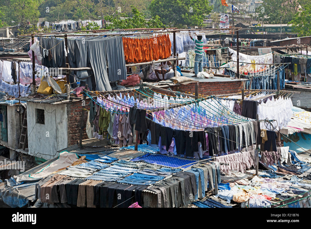 L'Inde, Maharashtra, Mumbai, lave en train de sécher dehors au soleil du midi, dhobi ghat, Mahalaxmi. Banque D'Images