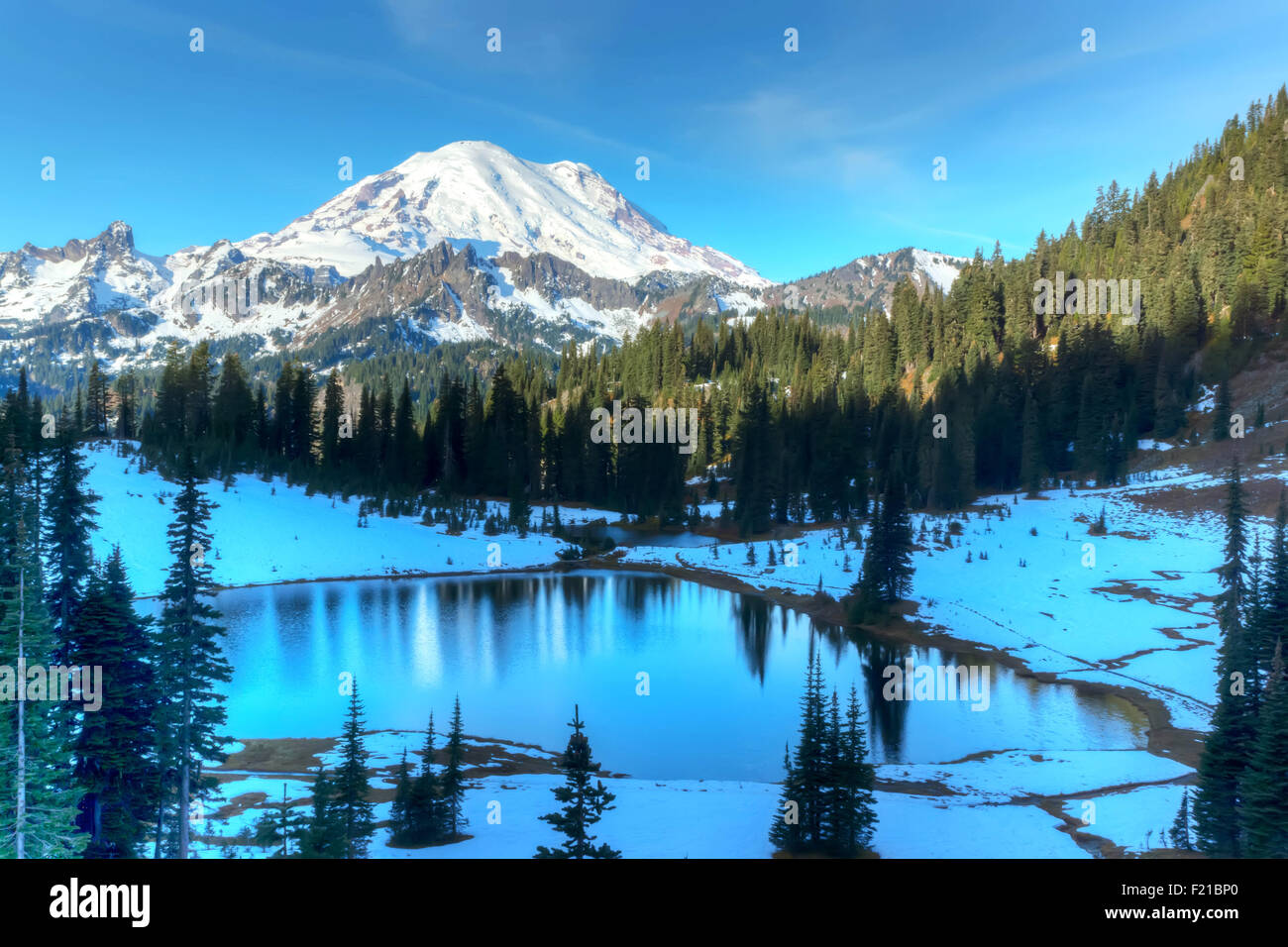 Tôt le matin, au lac Tipsoo Mt. Rainier, Washington. Banque D'Images