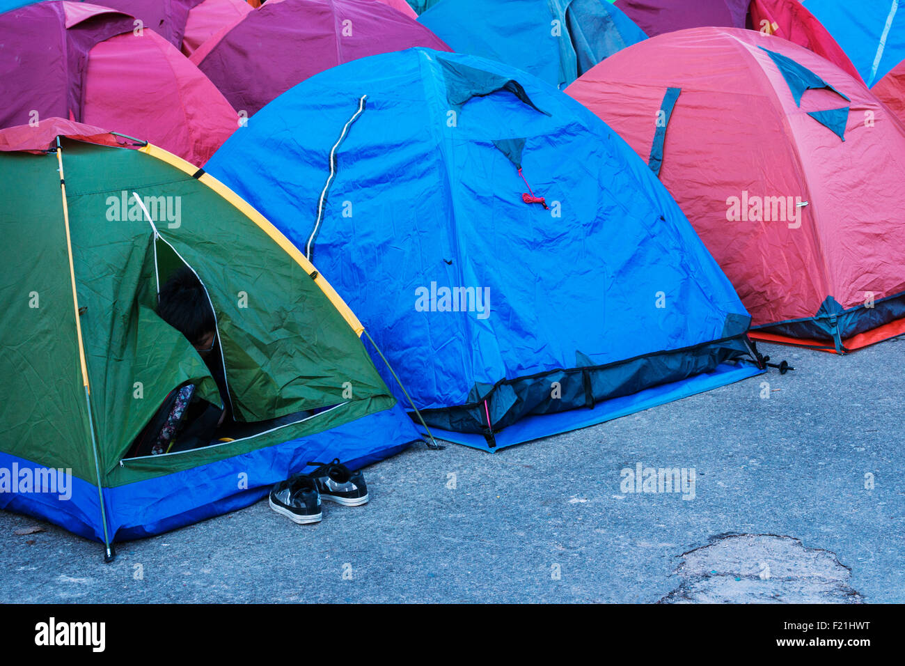 Les tentes de camping à la montagne jaune, Huang Shan, destination touristique populaire, Anhui Province, China, Asia Banque D'Images