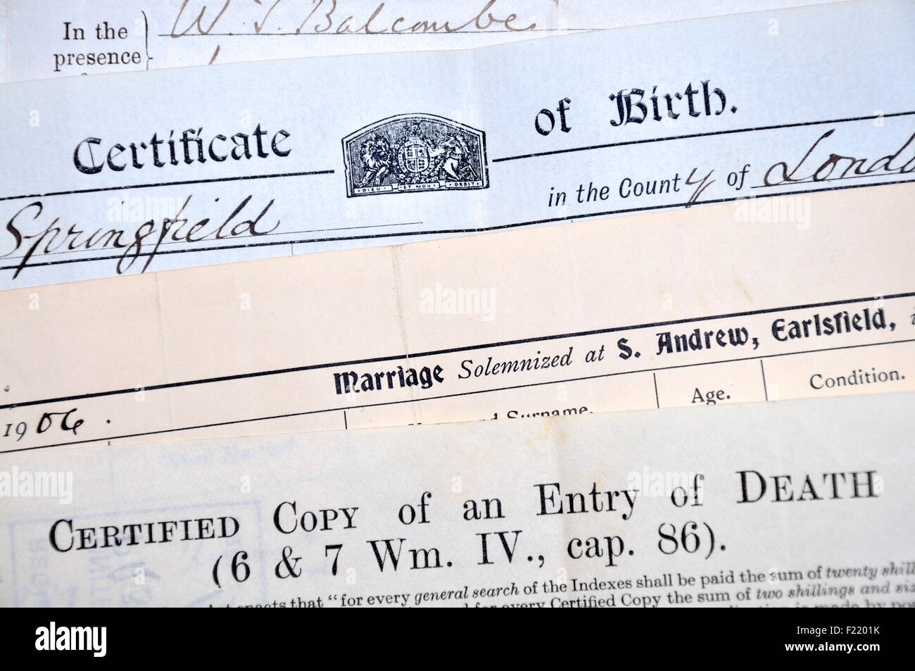 Certificats de naissance, de mariage et de décès (britannique) Banque D'Images