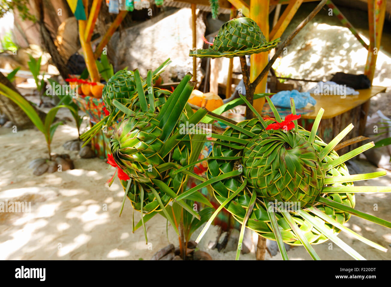 Hat tissé de feuilles de palmier, Seychelles Banque D'Images