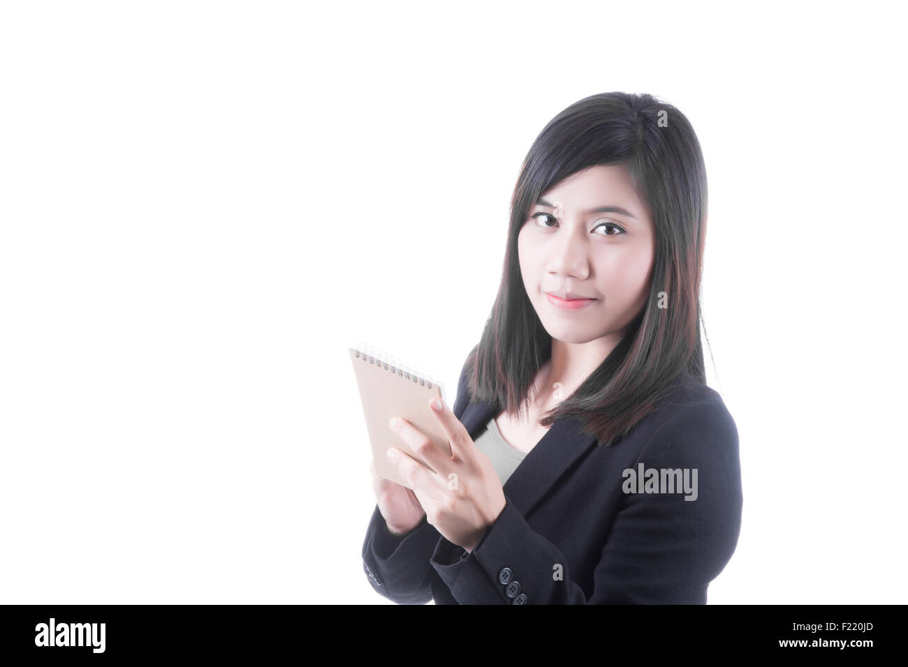 Femme Asiatique avec le document note dans business office concept sur fond blanc Banque D'Images
