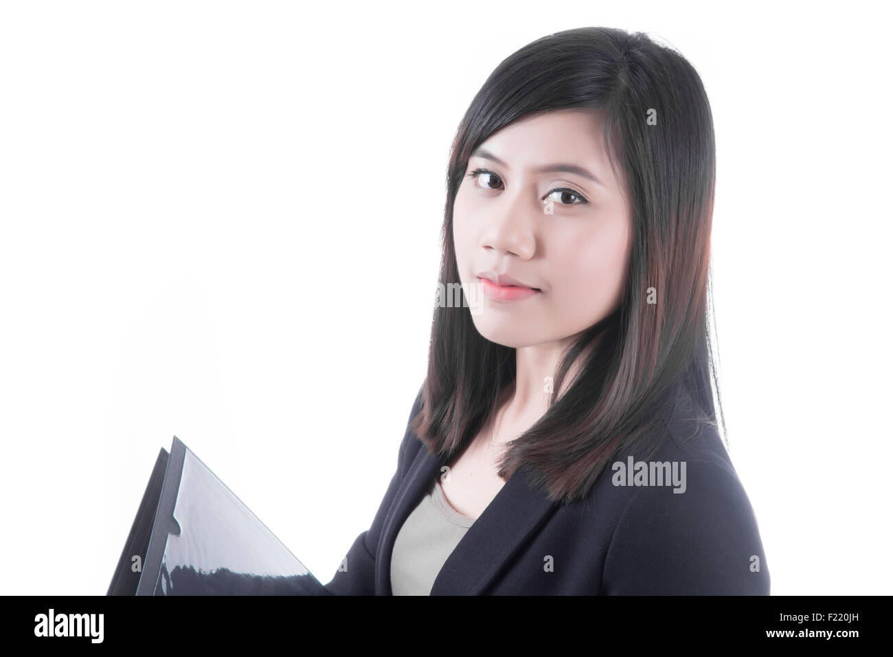 Femme Asiatique avec fichier document dans business office concept sur fond blanc Banque D'Images