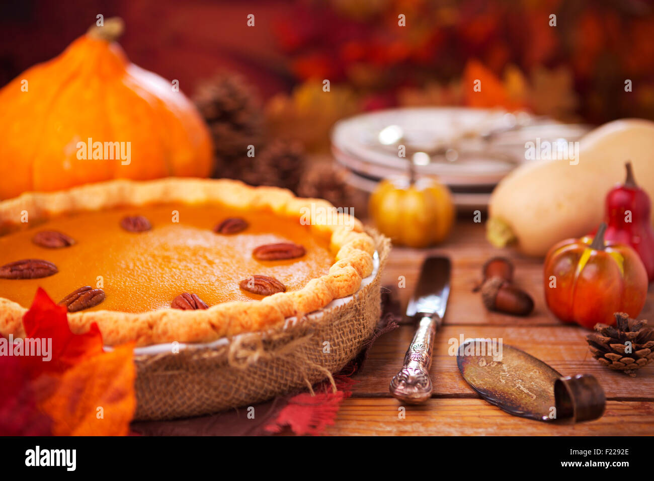 Tarte à la citrouille faits maison sur une table rustique avec des décorations d'automne. Banque D'Images