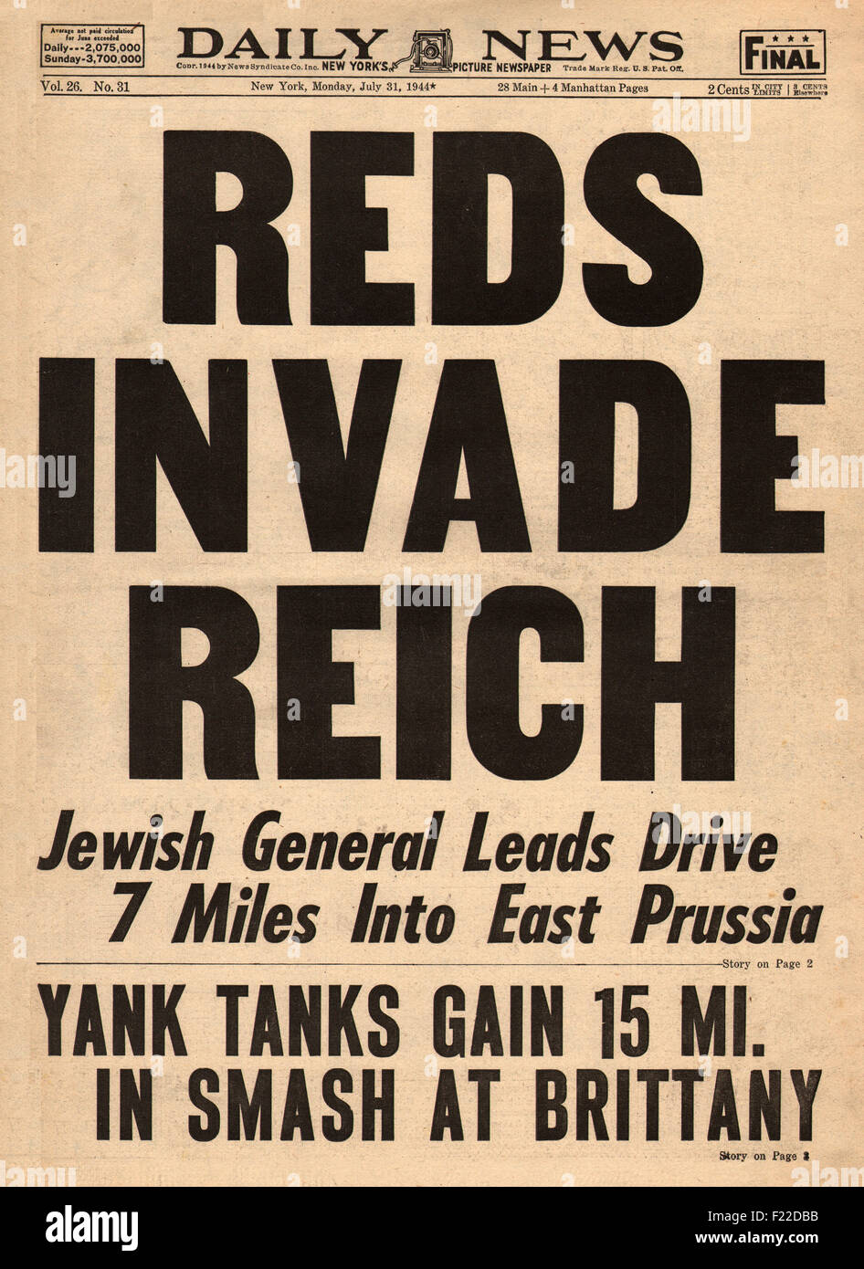 1944 Daily News (New York) avant de l'Armée Rouge envahissent la page déclaration province de la Prusse orientale allemande Banque D'Images