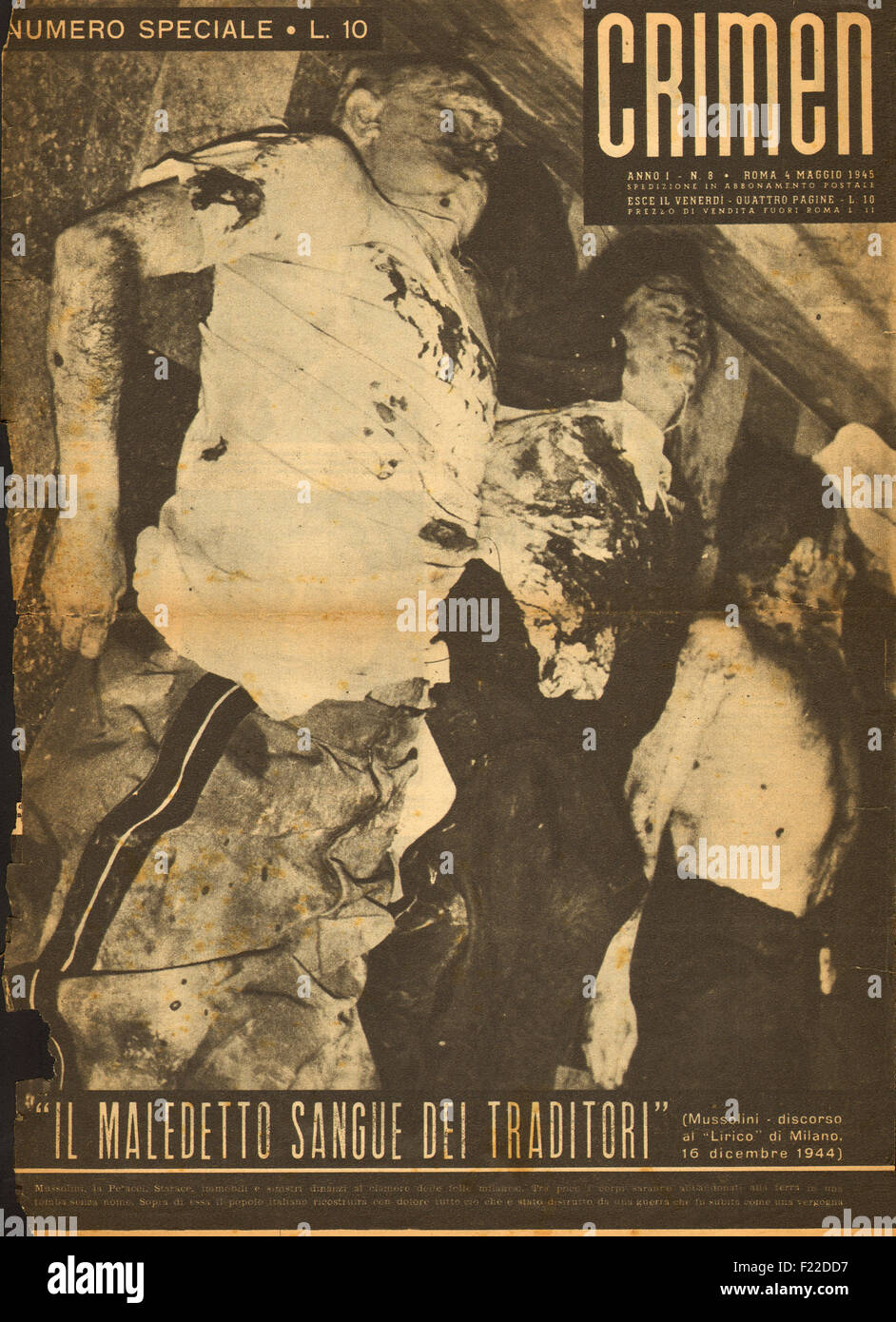 1945 Crimen magazine (Italie) front page signalé la mort de Benito Mussolini Banque D'Images