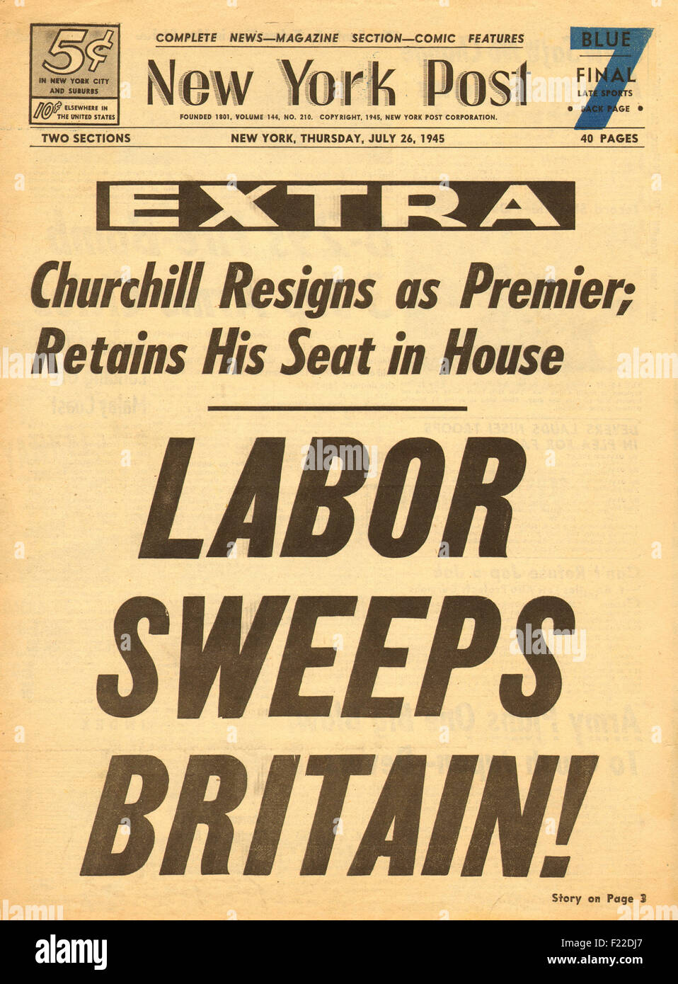 1945 New York Post/la page déclaration Clement Atlee remporte l'élection générale britannique du travail Banque D'Images