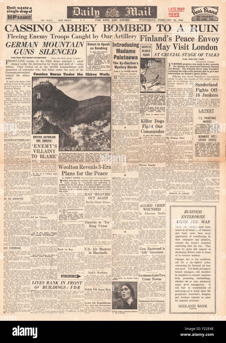 1944 Daily Mail/la page déclaration offensive alliée sur Monte Cassino Banque D'Images