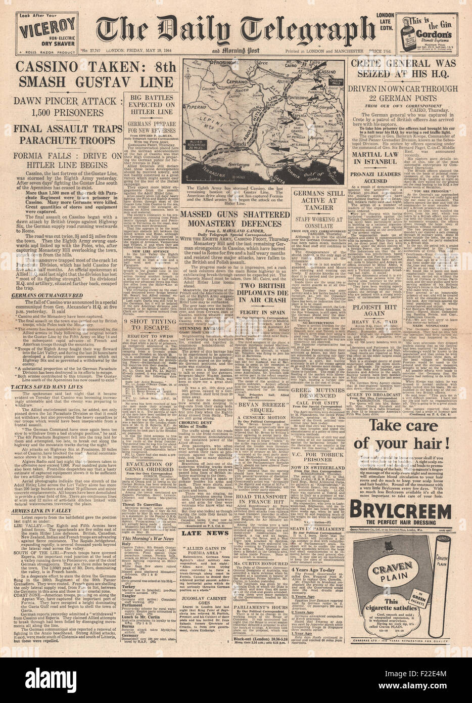 1944 Daily Telegraph rapports front page Bataille pour Monte Cassino Banque D'Images