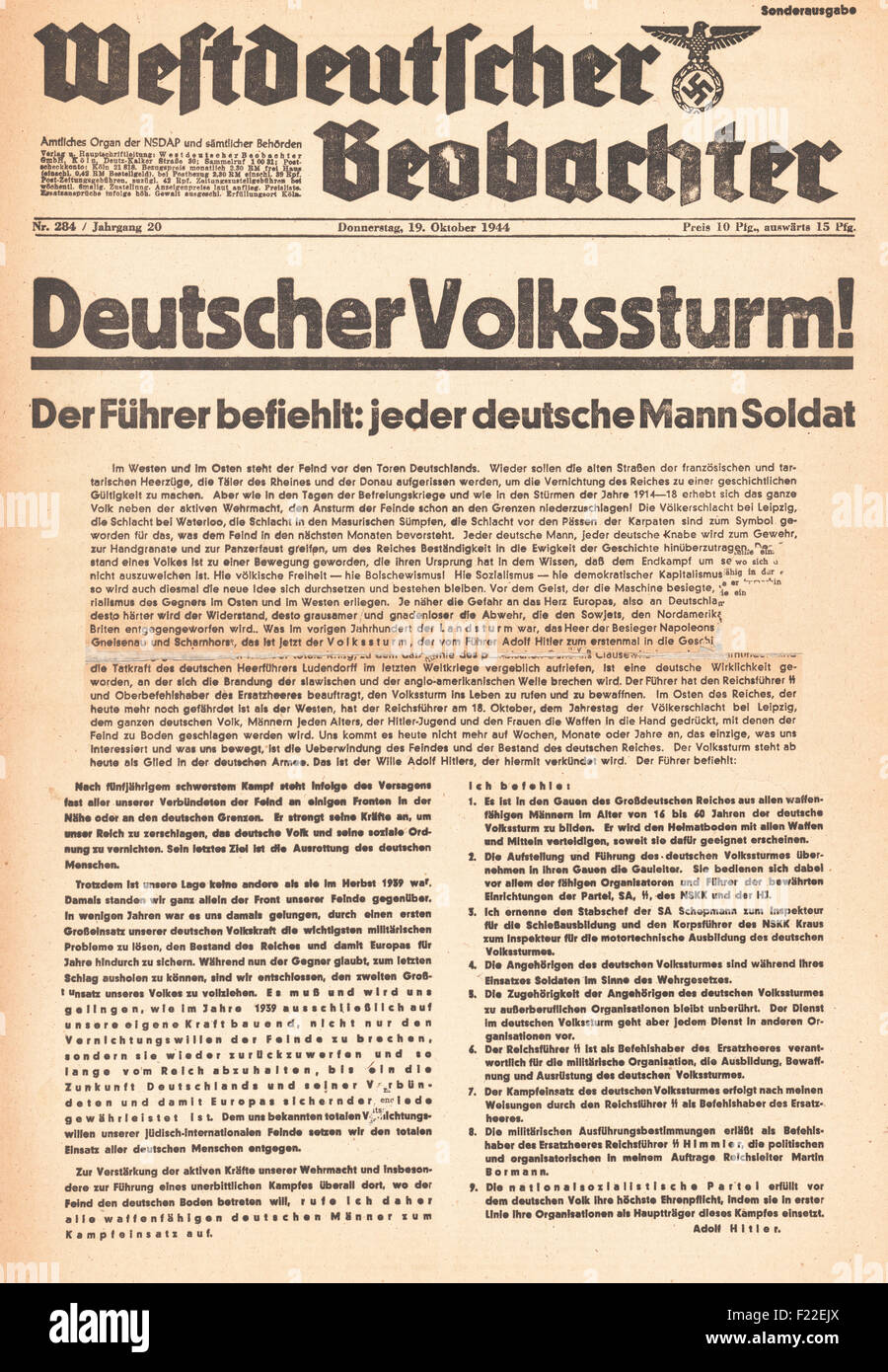 1944 Westdeutscher Beobachter/la page déclaration Hitler ordonne à tous les hommes au service militaire Banque D'Images