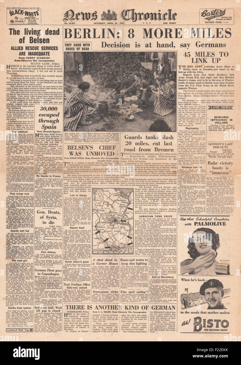 1945 News Chronicle/la page déclaration de libération du camp de concentration de Belsen Banque D'Images