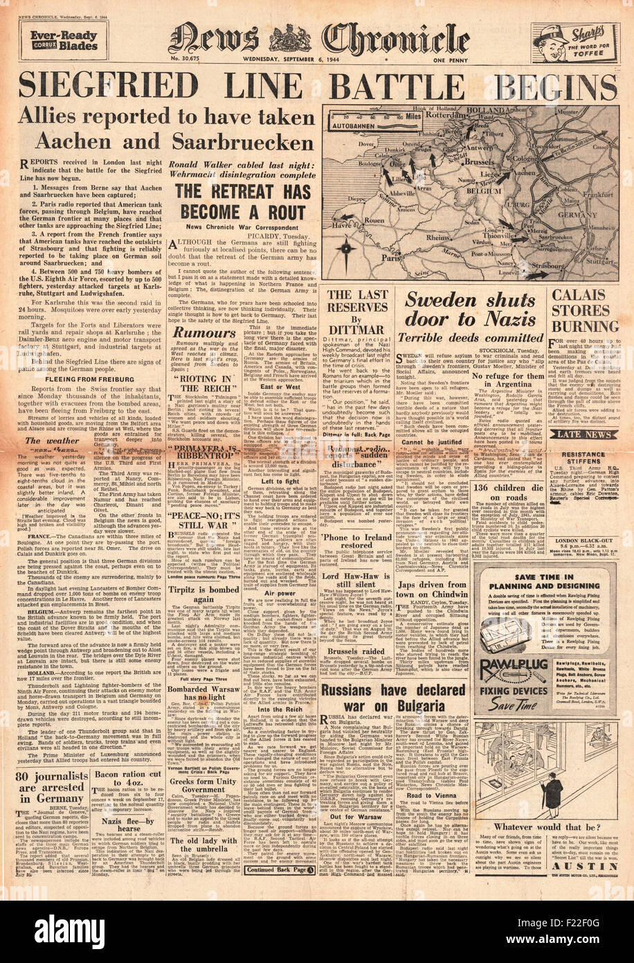 1944 News Chronicle page avant la bataille de rapports pour la ligne Siegfried et la Russie déclare la guerre à la Bulgarie Banque D'Images