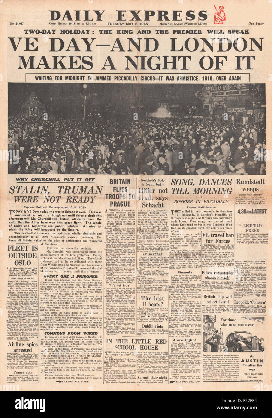 1945 Daily Express page avant le jour de la déclaration Banque D'Images