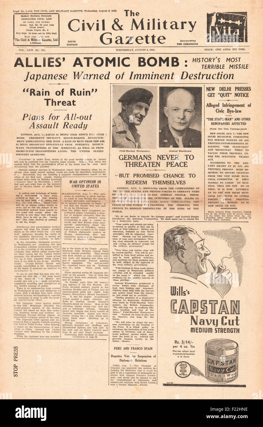 1945 La Gazette civile et militaire/la page déclaration bombe atomique larguée sur Hiroshima Banque D'Images